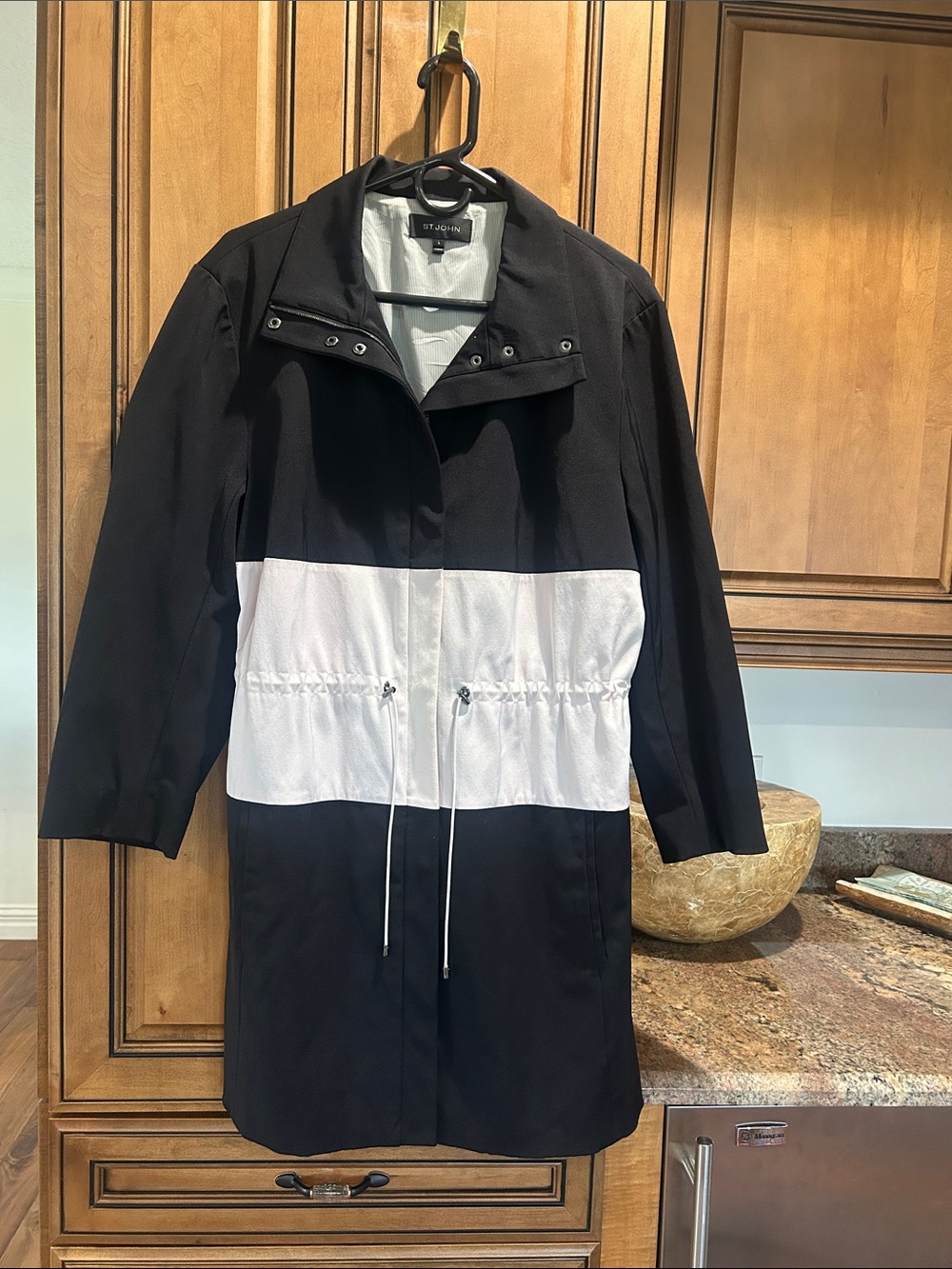 St. John Black and White Drawstring Waist Trench Coat